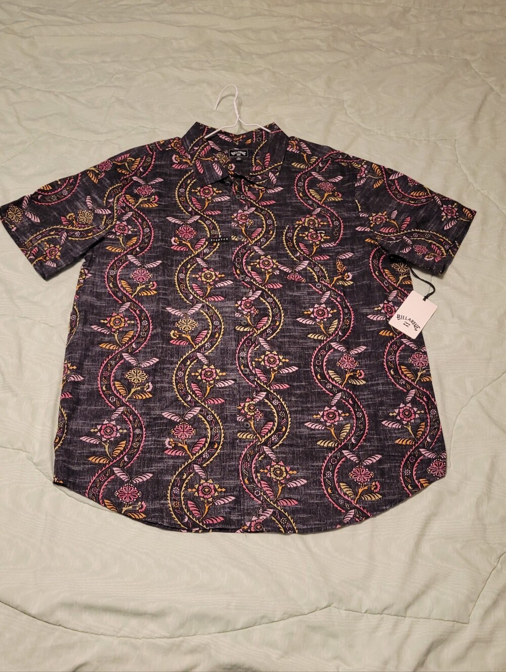 Billabong Black Short Sleeve Button-Up with Pink & Yellow Floral Print